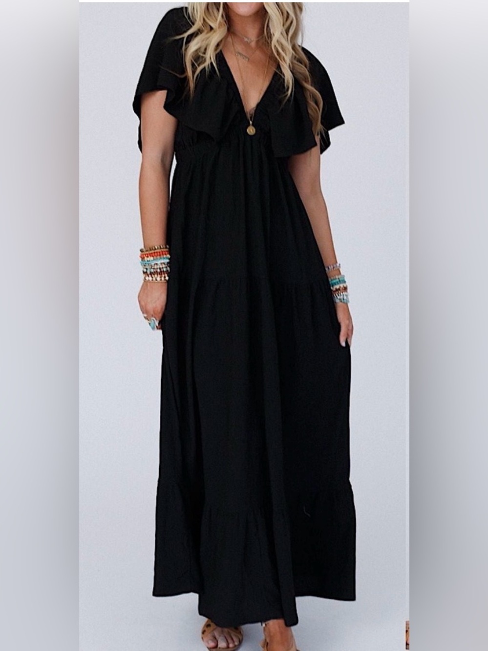 Three Bird Nest On Repeat Open Back Boho Ruffle Black Maxi Dress